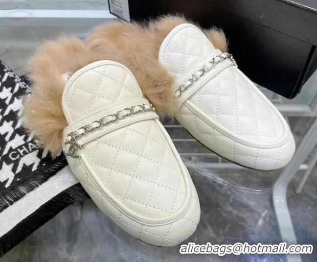 Best Quality Chanel Lambskin Wool Flat Mules 080908 White 2021