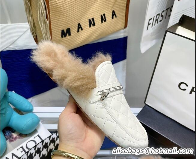 Best Quality Chanel Lambskin Wool Flat Mules 080908 White 2021