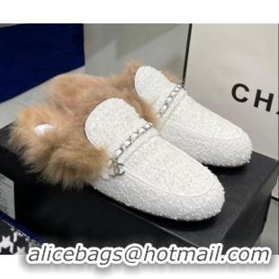 Best Quality Chanel Tweed Wool Flat Mules 080911 White/Silver 2021