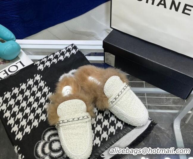 Best Quality Chanel Tweed Wool Flat Mules 080911 White/Silver 2021