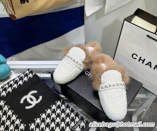 Best Quality Chanel Tweed Wool Flat Mules 080911 White/Silver 2021