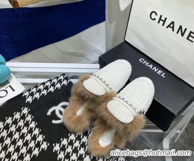 Best Quality Chanel Tweed Wool Flat Mules 080911 White/Silver 2021