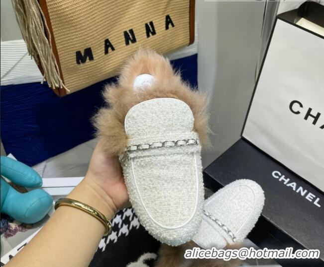 Best Quality Chanel Tweed Wool Flat Mules 080911 White/Silver 2021