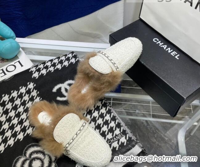 Best Quality Chanel Tweed Wool Flat Mules 080911 White/Silver 2021