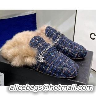 Fashion Chanel Tweed Wool Flat Mules 080912 Navy Blue 2021