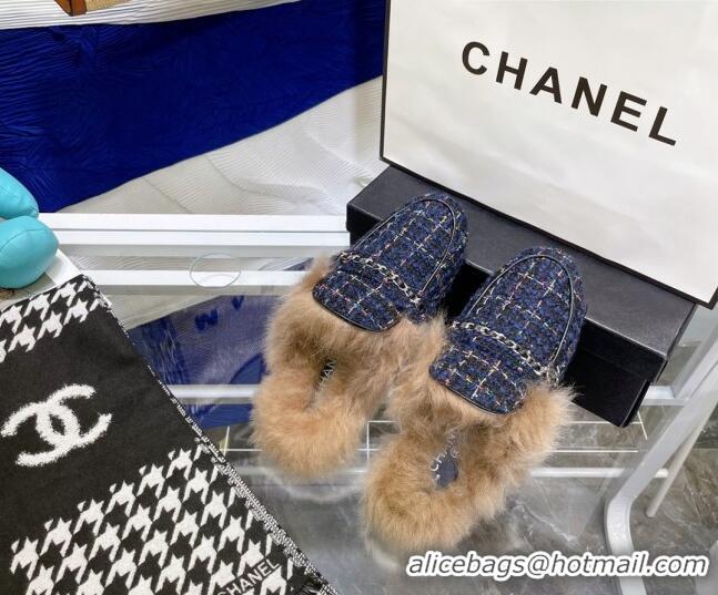 Fashion Chanel Tweed Wool Flat Mules 080912 Navy Blue 2021