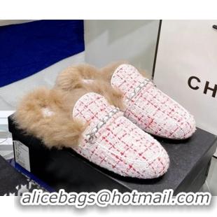 Luxury Chanel Tweed Wool Flat Mules 080912 Light Pink