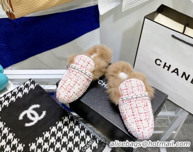 Luxury Chanel Tweed Wool Flat Mules 080912 Light Pink