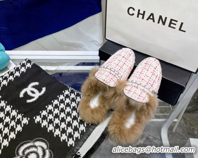 Luxury Chanel Tweed Wool Flat Mules 080912 Light Pink