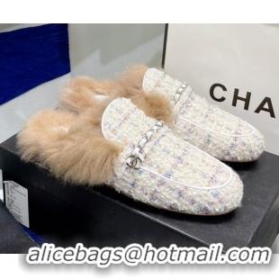 Best Price Chanel Tweed Wool Flat Mules 080912 White/Multicolor