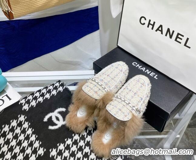 Best Price Chanel Tweed Wool Flat Mules 080912 White/Multicolor