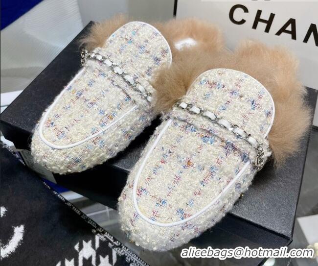 Best Price Chanel Tweed Wool Flat Mules 080912 White/Multicolor