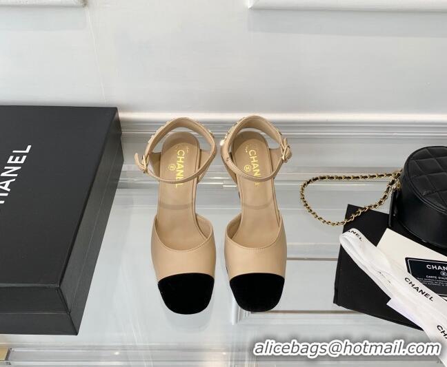 Good Product Chanel Lambskin Pumps 9cm with Logo Back Apricot 080916