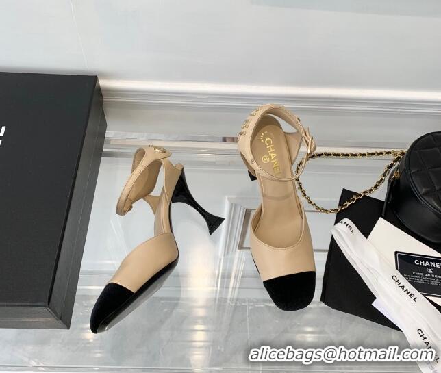 Good Product Chanel Lambskin Pumps 9cm with Logo Back Apricot 080916