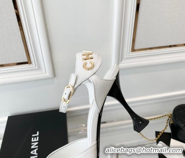 AAAAA Chanel Lambskin Pumps 9cm with Logo Back White 080917