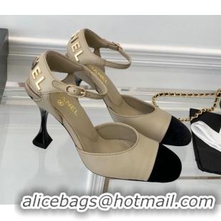 Duplicate Chanel Lambskin Pumps 9cm with Logo Back Beige 080919