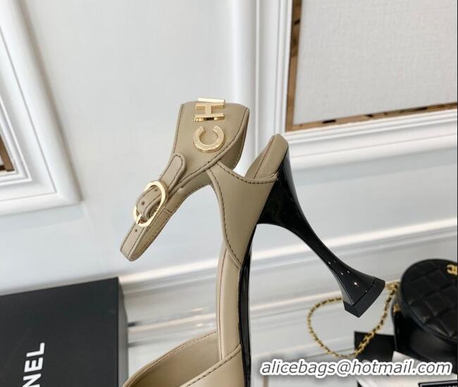 Duplicate Chanel Lambskin Pumps 9cm with Logo Back Beige 080919