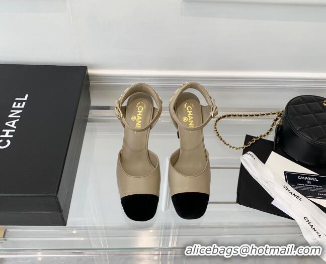 Duplicate Chanel Lambskin Pumps 9cm with Logo Back Beige 080919