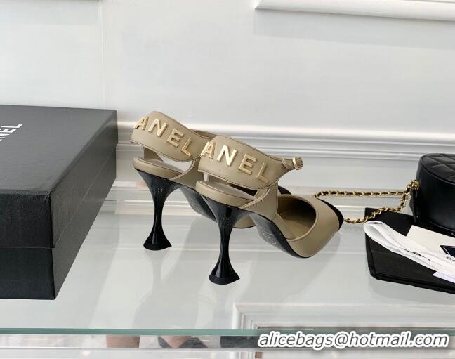 Duplicate Chanel Lambskin Pumps 9cm with Logo Back Beige 080919