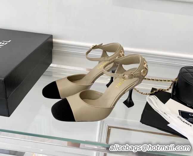 Duplicate Chanel Lambskin Pumps 9cm with Logo Back Beige 080919