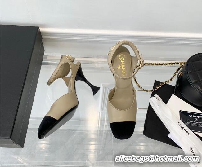 Duplicate Chanel Lambskin Pumps 9cm with Logo Back Beige 080919