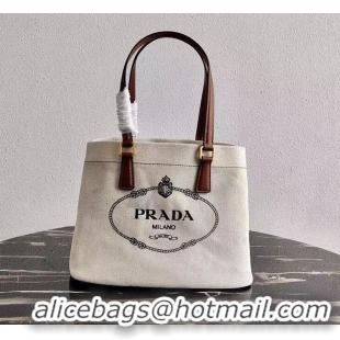 Top Grade Prada Small Linen blend and Leather Tote Bag 1BG356 White 2020