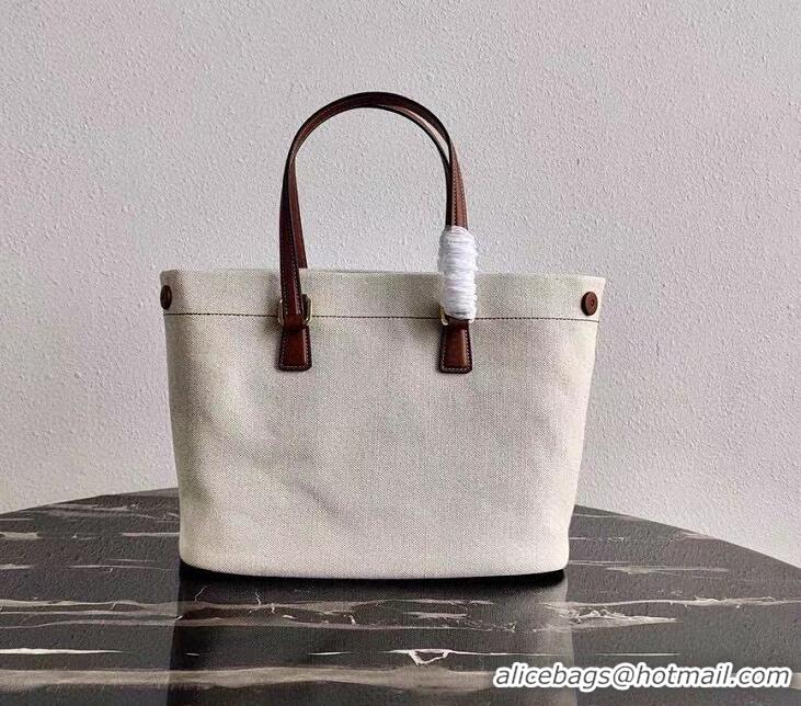 Top Grade Prada Small Linen blend and Leather Tote Bag 1BG356 White 2020