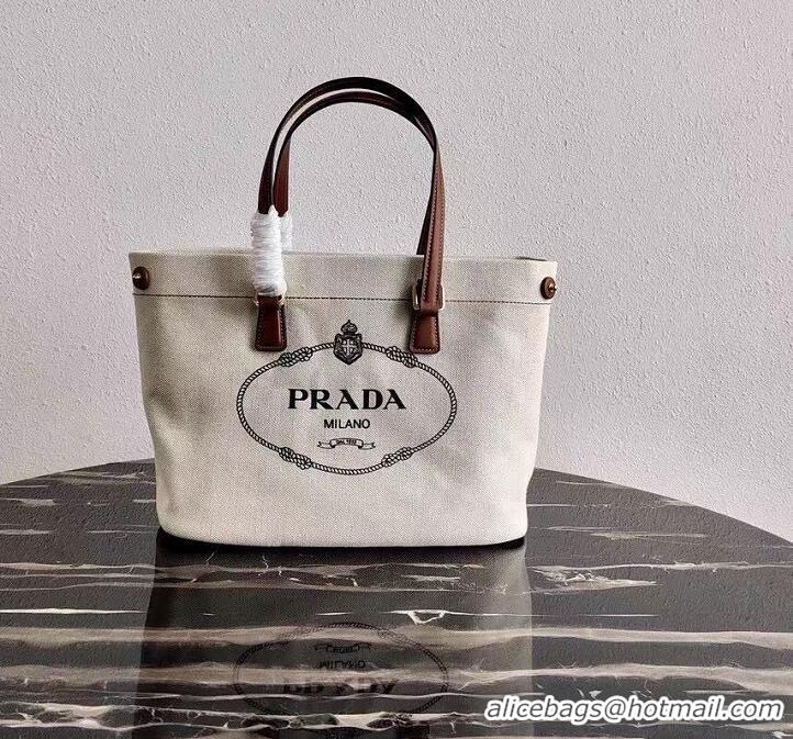 Top Grade Prada Small Linen blend and Leather Tote Bag 1BG356 White 2020