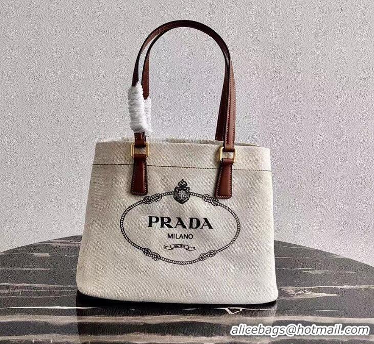 Top Grade Prada Small Linen blend and Leather Tote Bag 1BG356 White 2020