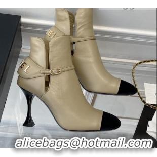 Newest Chanel Lambskin Short Boots 9cm with Logo Back Beige 080922