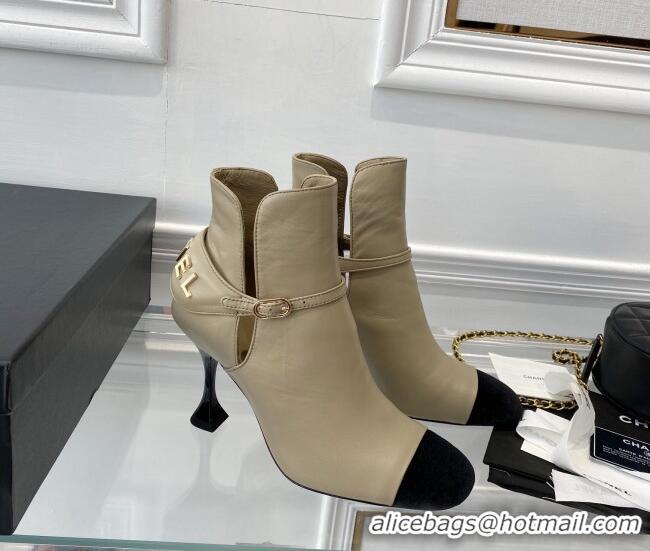 Newest Chanel Lambskin Short Boots 9cm with Logo Back Beige 080922