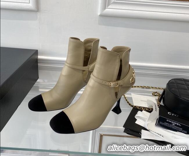 Newest Chanel Lambskin Short Boots 9cm with Logo Back Beige 080922