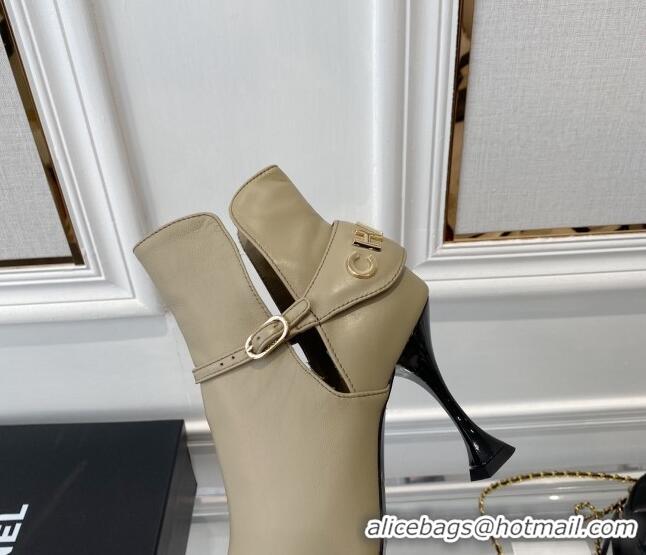 Newest Chanel Lambskin Short Boots 9cm with Logo Back Beige 080922