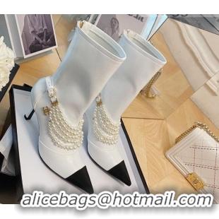 Popular Style Chanel Calfskin Mid-High Boots 7.5cm with Pearl Charm White 080924