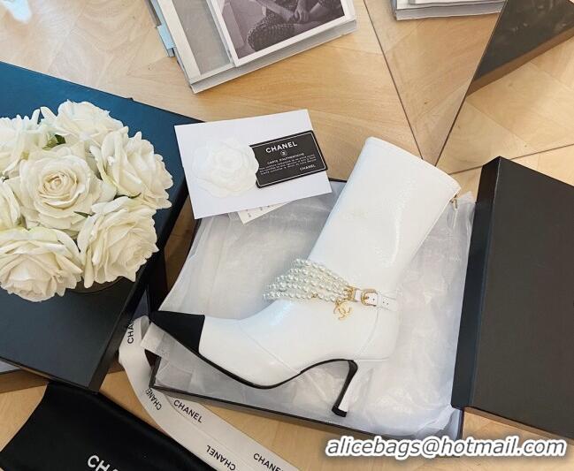 Popular Style Chanel Calfskin Mid-High Boots 7.5cm with Pearl Charm White 080924