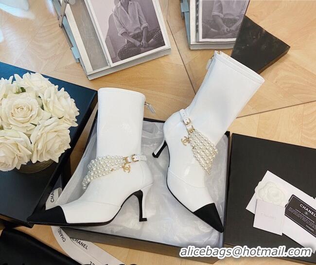 Popular Style Chanel Calfskin Mid-High Boots 7.5cm with Pearl Charm White 080924