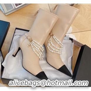 Perfect Popular Style Chanel Calfskin Mid-High Boots 7.5cm with Pearl Charm Apricot 080925