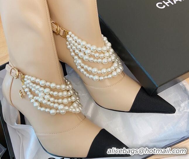 Perfect Popular Style Chanel Calfskin Mid-High Boots 7.5cm with Pearl Charm Apricot 080925