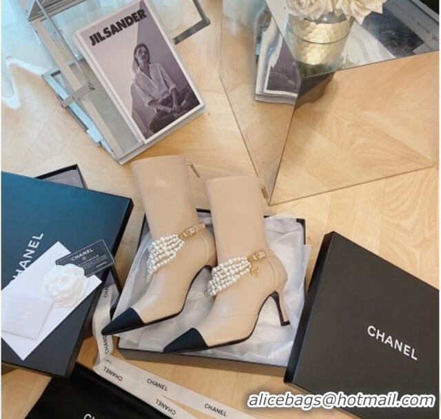 Perfect Popular Style Chanel Calfskin Mid-High Boots 7.5cm with Pearl Charm Apricot 080925