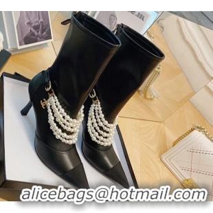 Super Quality Popular Style Chanel Calfskin Mid-High Boots 7.5cm with Pearl Charm Black 080926