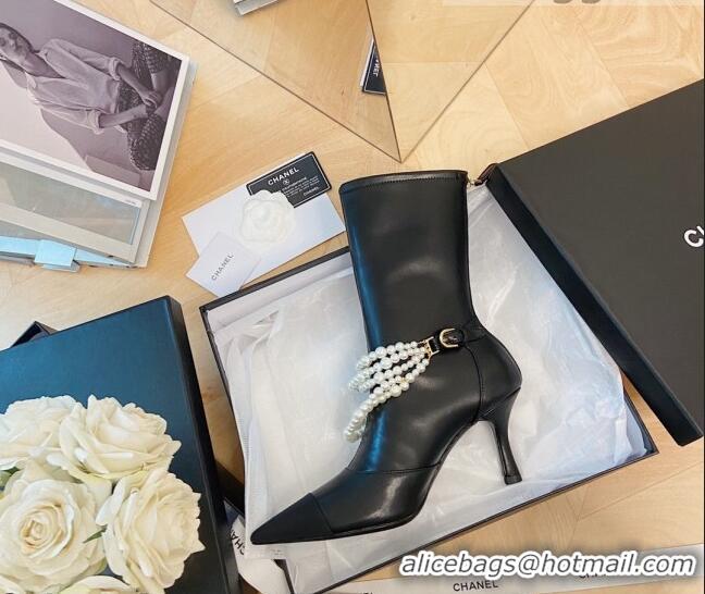 Super Quality Popular Style Chanel Calfskin Mid-High Boots 7.5cm with Pearl Charm Black 080926