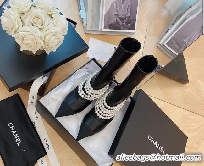 Super Quality Popular Style Chanel Calfskin Mid-High Boots 7.5cm with Pearl Charm Black 080926