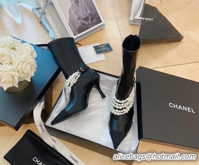 Super Quality Popular Style Chanel Calfskin Mid-High Boots 7.5cm with Pearl Charm Black 080926