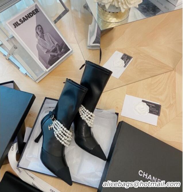 Super Quality Popular Style Chanel Calfskin Mid-High Boots 7.5cm with Pearl Charm Black 080926