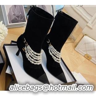 Discount Chanel Suede Mid-High Boots 7.5cm with Pearl Charm Black 080927