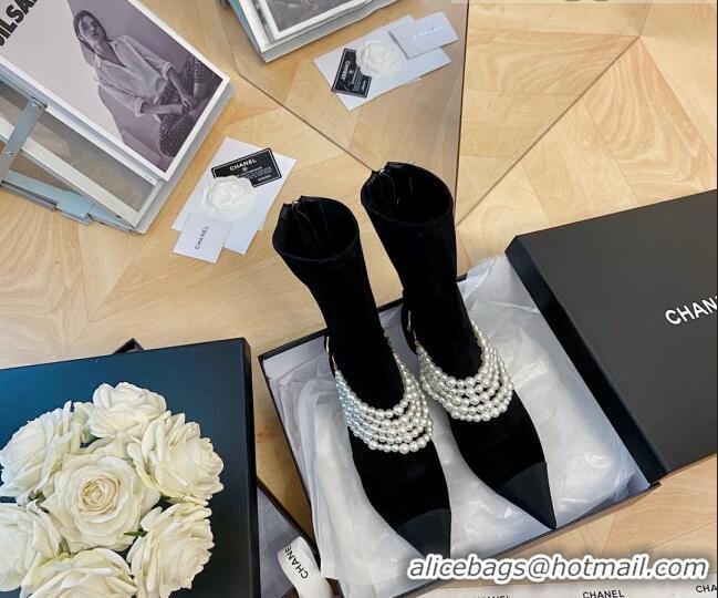 Discount Chanel Suede Mid-High Boots 7.5cm with Pearl Charm Black 080927