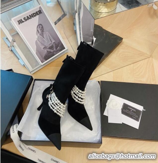 Discount Chanel Suede Mid-High Boots 7.5cm with Pearl Charm Black 080927