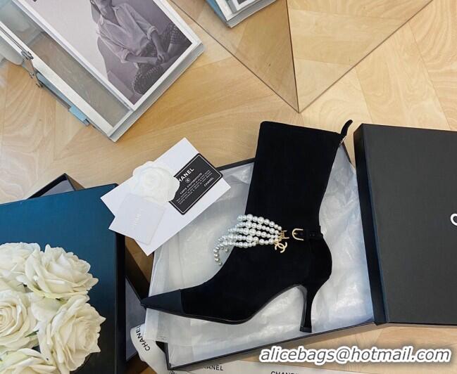 Discount Chanel Suede Mid-High Boots 7.5cm with Pearl Charm Black 080927