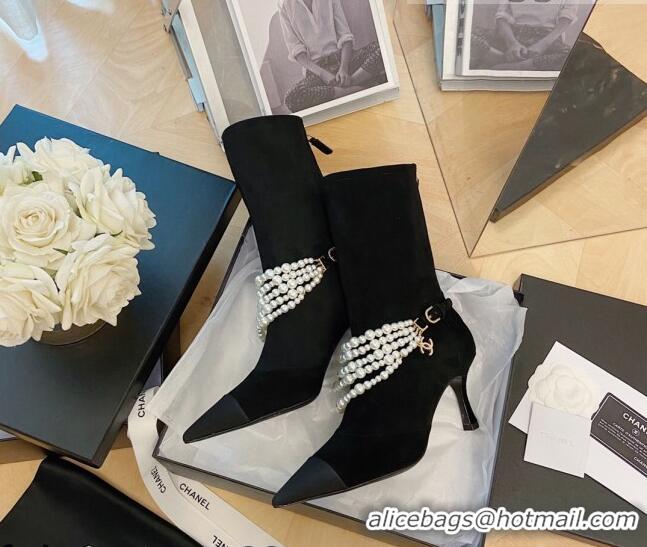 Discount Chanel Suede Mid-High Boots 7.5cm with Pearl Charm Black 080927