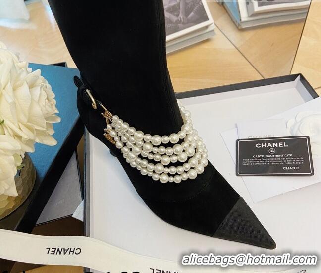 Discount Chanel Suede Mid-High Boots 7.5cm with Pearl Charm Black 080927